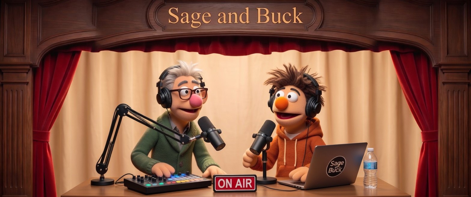 Sage and Buck at their podcast desk on the Money Clarity stage — ON AIR